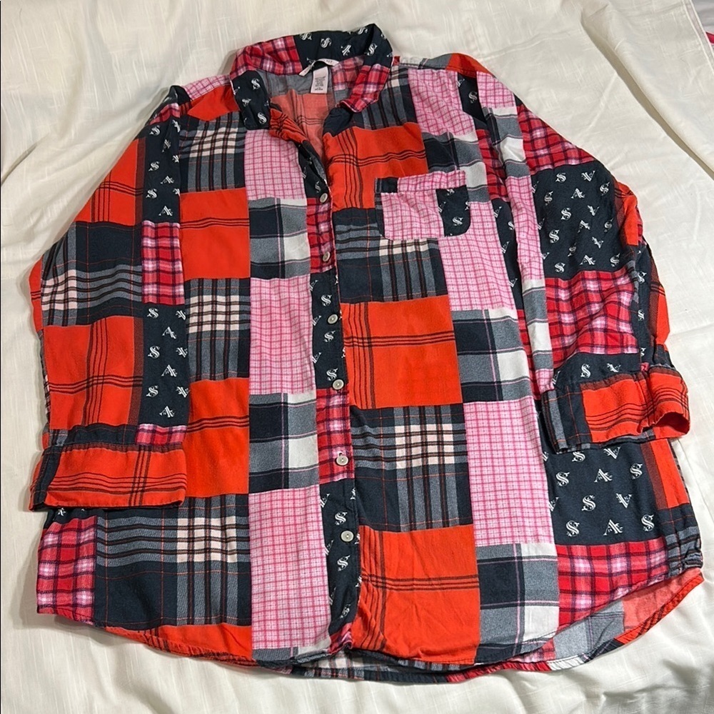 Victoria's Secret Red and Black Plaid Sleep Shirt Size Large
